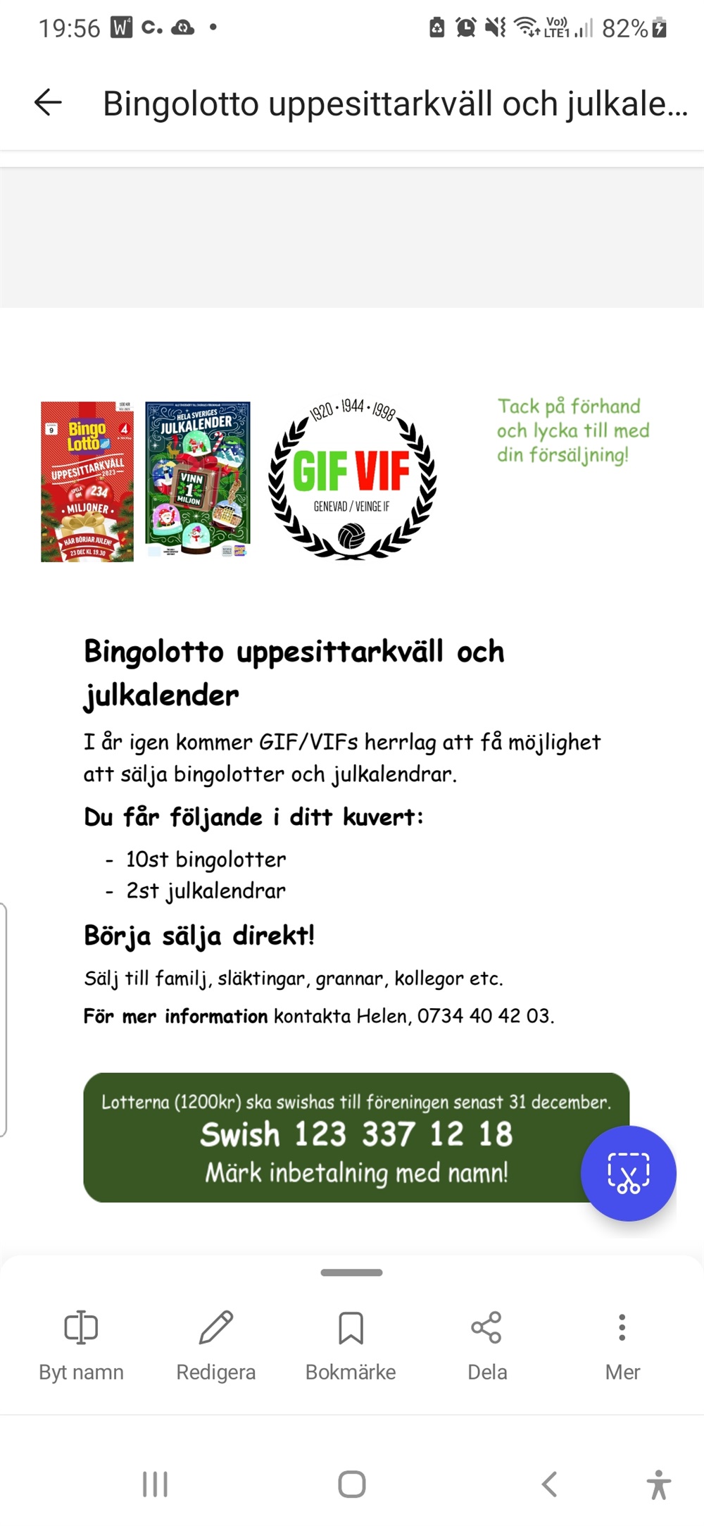 Bingolotter Till Uppesittarkvällen / Genevad/Veinge IF - Herr